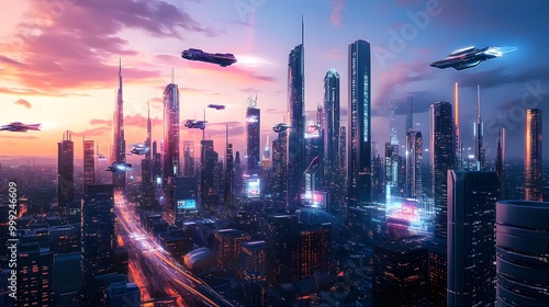 A dynamic and innovative cityscape at dusk featuring sleek skyscrapers bright neon lights and futuristic flying vehicles showcasing a captivating blend of technology and creativity in urban design photo