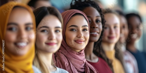 A diverse group at a community event is captured in a close-up, showcasing varied cultural attire and friendly expressions, as vibrant lighting reflects representation