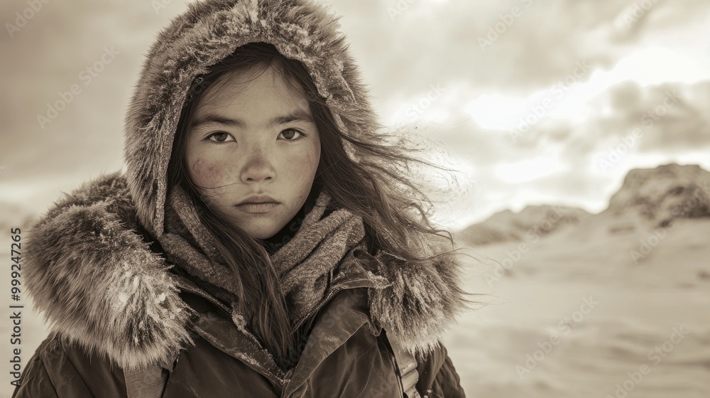 Sepia-toned photo of an Eskimo girl in winter clothing, captured in a stark, icy landscape with dramatic lighting Sepia-toned photo of an Eskimo girl in winter clothing, captured in a stark, icy landscape with dramatic lighting