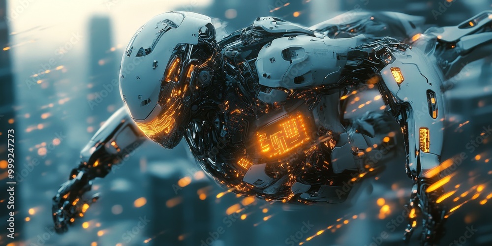 a cyberpunk robot in motion, with glowing circuits, mechanical limbs, and advanced AI, set against a dark urban backdrop. a cyberpunk robot in motion, with glowing circuits, mechanical limbs, and advanced AI, set against a dark urban backdrop.