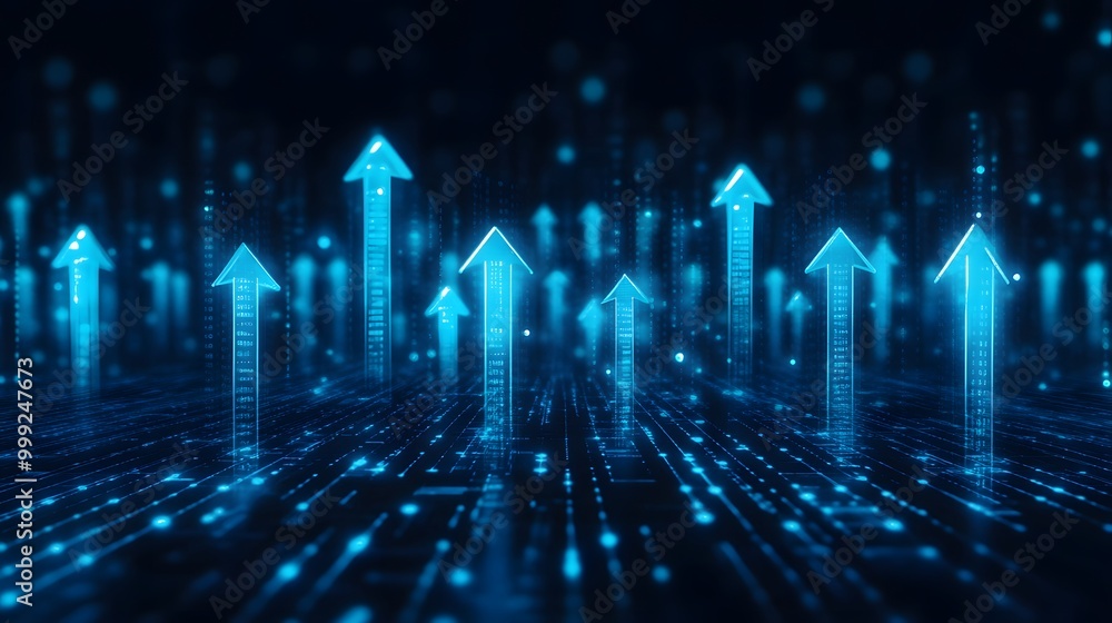 light arrow up grid dark blue background illustration digital business growth concept. 