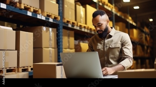 A warehouseman inspects delivery stock using a laptop in a well-organized warehouse, illustrating efficient inventory management and modern logistics.