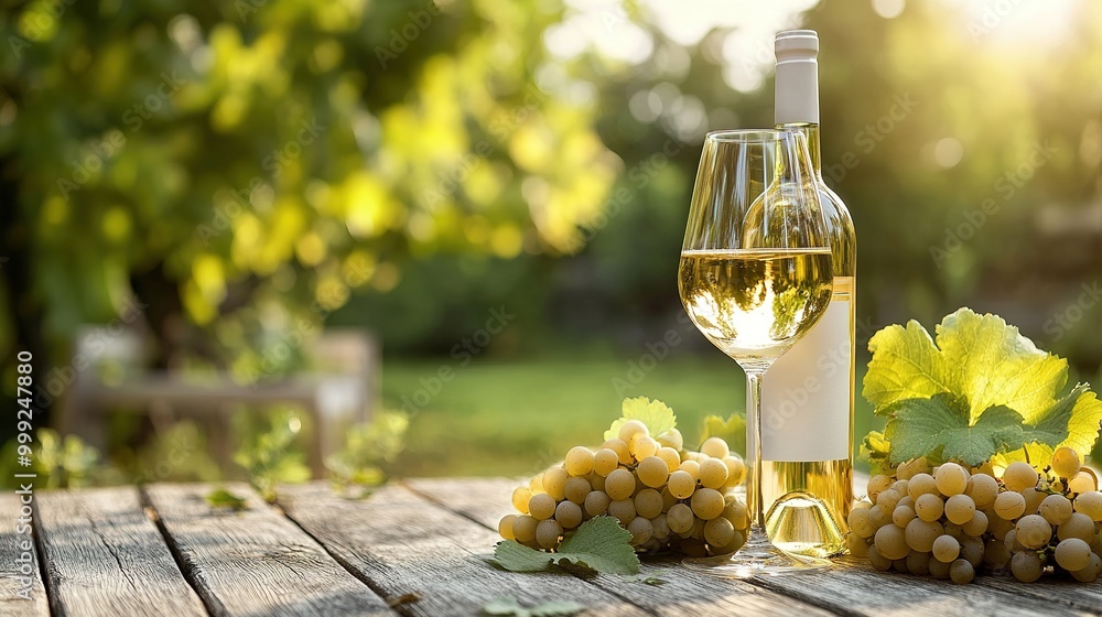 Fototapeta premium A bottle of white wine with wineglass, grapes and leaves on wooden table. Outdoor. Summer day.