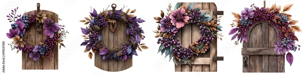 A collection of vibrant purple wreaths displayed on wooden doors against a white background. A collection of vibrant purple wreaths displayed on wooden doors against a white background.