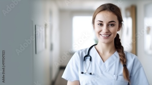 A cheerful young nurse smiles in a hospital corridor, reflecting the dedication and compassion found in the nursing profession.