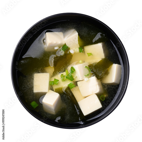 Miso soup with tofu, wakame seaweed and spring onion, Traditional Japanese soup, Top view