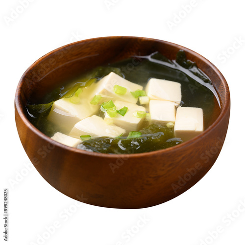 Принти на полотні Miso soup with tofu, wakame seaweed and spring onion, Traditional Japanese soup