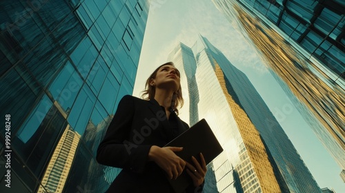 Businesswoman analyzing data on tablet in modern cityscape. Corporate professional standing among skyscrapers, strategizing growth. Urban business success and technology integration concept. photo