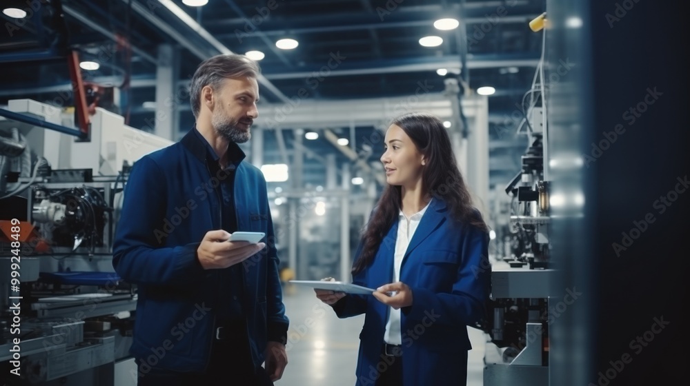 A female engineer and male production manager discuss work while standing in a modern industrial factory. A female engineer and male production manager discuss work while standing in a modern industrial factory.