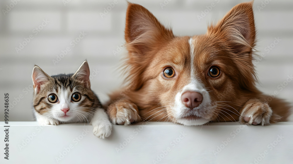 Cute Cat and Dog Looking Over Edge, Adorable Friends Cute Cat and Dog Looking Over Edge, Adorable Friends