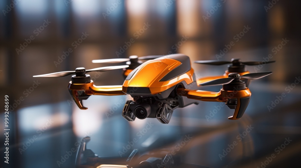 A sleek, advanced drone with vibrant orange highlights hovers indoors, reflecting innovation and cutting-edge technology. A sleek, advanced drone with vibrant orange highlights hovers indoors, reflecting innovation and cutting-edge technology.