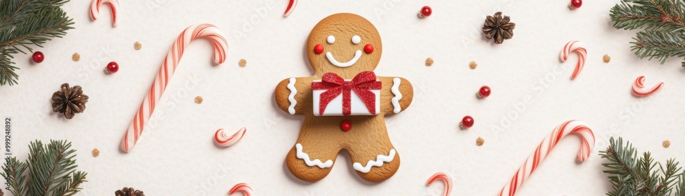Cheerful Gingerbread Man with Christmas Gift Arrangement Cheerful Gingerbread Man with Christmas Gift Arrangement