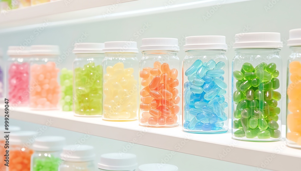 Colorful gummy candies in jars on a shelf Colorful gummy candies in jars on a shelf