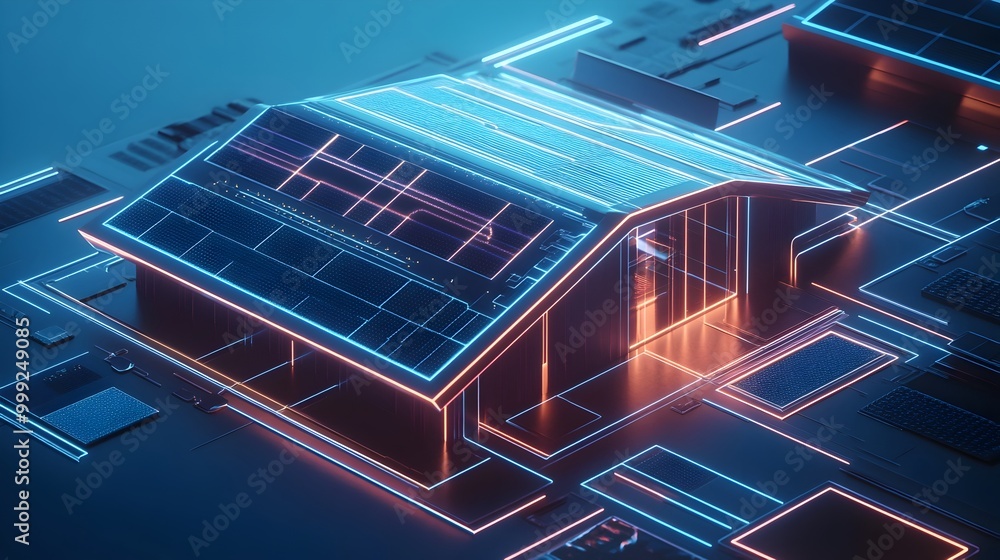 A 3D rendering of a futuristic smart home with walls and roof elements that mimic the intricate layout of a microchip featuring glowing LED lines and integrated solar panels A 3D rendering of a futuristic smart home with walls and roof elements that mimic the intricate layout of a microchip featuring glowing LED lines and integrated solar panels