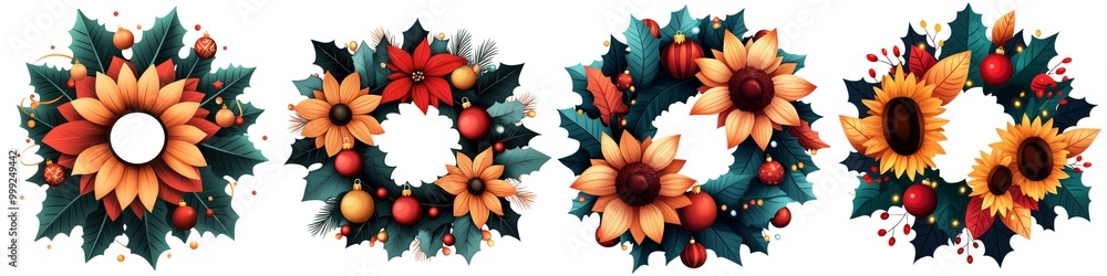Obraz premium Four vibrant floral wreaths featuring sunflowers, red berries, and green foliage on a white isolated background.