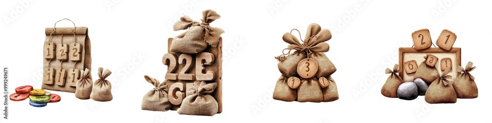 Various sacks packaged with different food items and numbers on a white isolated background. Various sacks packaged with different food items and numbers on a white isolated background.