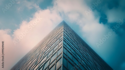 Geometric Peaks of a Modern Skyscraper Showcasing Metallic Finish and Intricate Window Patterns Against a Backdrop of Soft Clouds and the Vast Sky