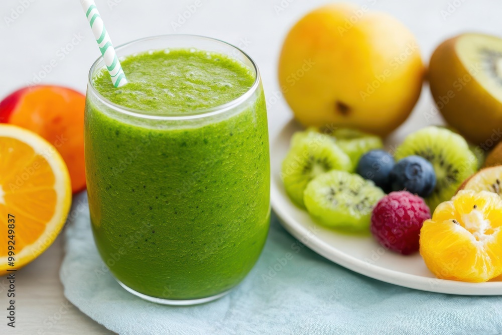 Close-up of a green smoothie and a plate of fruits, ready for consumption at the end of a fasting window Close-up of a green smoothie and a plate of fruits, ready for consumption at the end of a fasting window