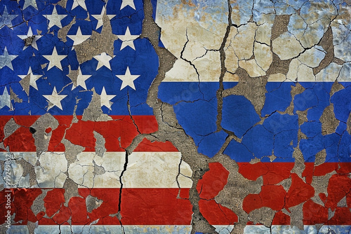 Cracked US and Russian Flags: Symbolizing Geopolitical Tension