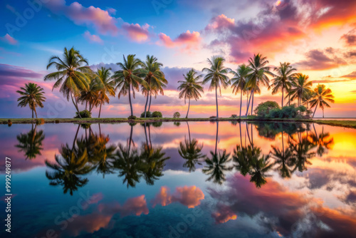 Tranquil morning on lush island oasis, showcasing vibrant palm trees reflecting in calm waters under colorful sky. serene atmosphere captures essence of paradise