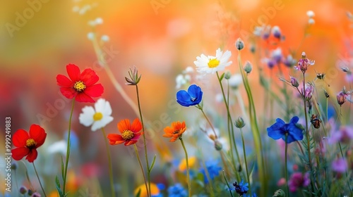 Colorful wildflowers from the meadow on a white to reddish background photo