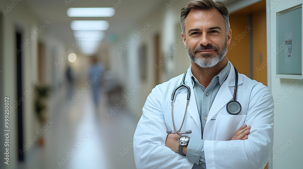 Confident Doctor Standing in Hospital Hallway with Stethoscope Confident Doctor Standing in Hospital Hallway with Stethoscope
