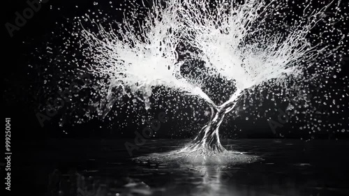 Stark black background. Luminous white tree silhouette. Branches splaying outward. Particles dispersing from tree form. Ghostly reflection below. Grainy texture. High contrast monochrome.  photo