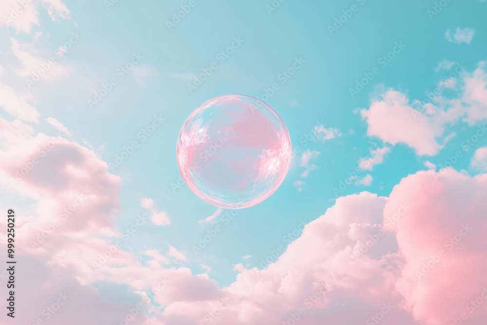 A single floating bubble amidst a dreamy pastel sky with pink clouds. A single floating bubble amidst a dreamy pastel sky with pink clouds.