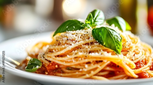 Close up photograph of a beautifully plated Italian spaghetti dish topped with a rich tomato sauce fresh basil leaves and a sprinkle of grated Parmesan cheese photo