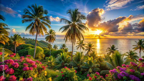 stunning sunset illuminates tropical landscape, with vibrant flowers and palm trees framing serene ocean view. warm golden light creates peaceful atmosphere