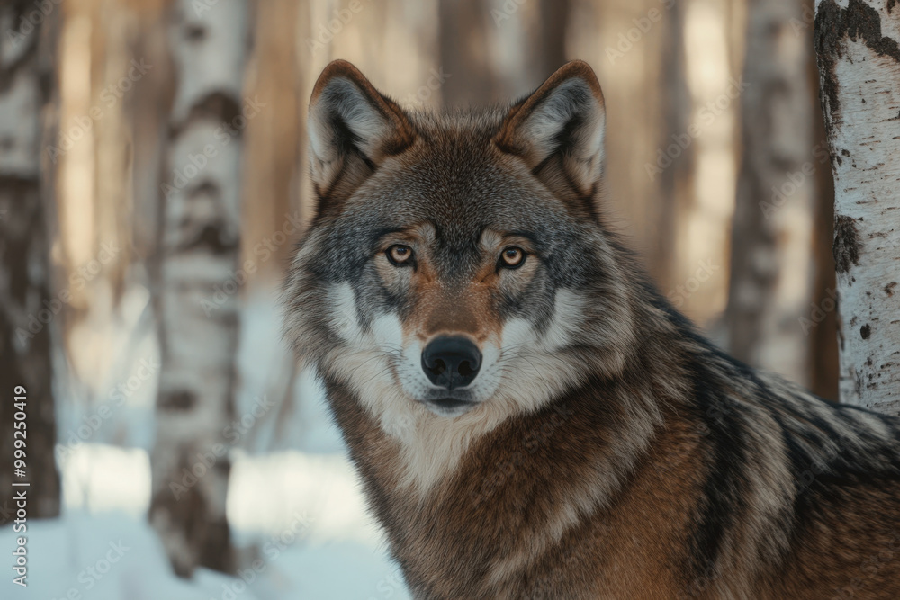 Majestic wolf stands alert in a snowy forest, blending with the winter landscape. Majestic wolf stands alert in a snowy forest, blending with the winter landscape.