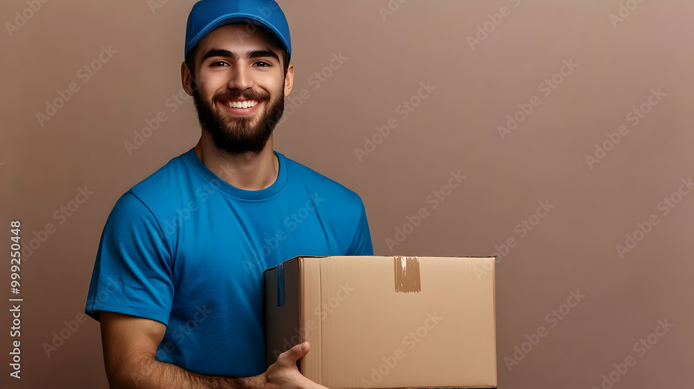 Delivering Happiness: A Smiling Delivery Person Holding a Package Delivering Happiness: A Smiling Delivery Person Holding a Package