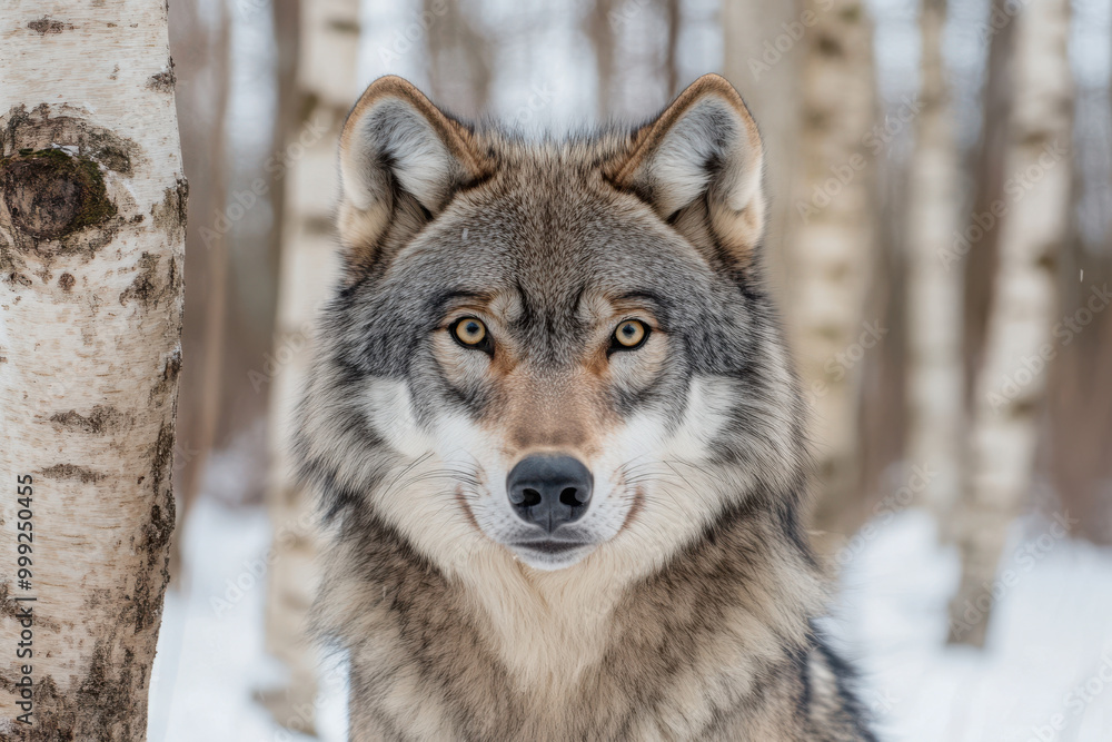 Majestic wolf in a snowy forest surrounded by birch trees. Majestic wolf in a snowy forest surrounded by birch trees.
