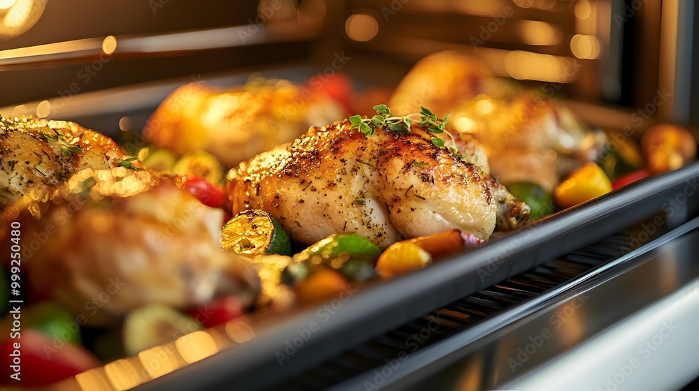 Close up view of a convection oven in action showcasing a tray of golden brown roasted chicken surrounded by fresh vibrant vegetables a delicious and healthy meal prepared to perfection