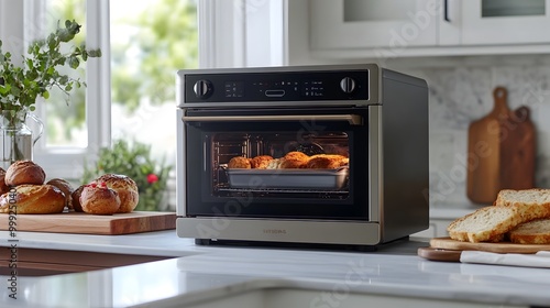 Sleek modern family convection oven sitting on a kitchen counter with a variety of baked goods like cookies bread and muffins visible through the glass door