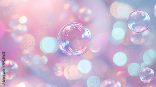 Sparkling soap bubbles floating in pastel colors, creating a dreamy abstract effect on a glowing pink and blue backdrop