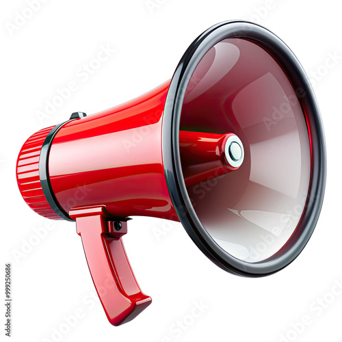 This vibrant red megaphone is designed for loud and clear announcements showcased against a simple white background for attention and emphasis photo