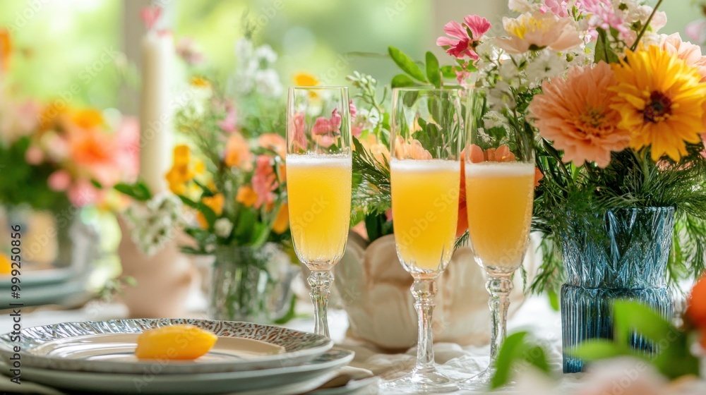 Springtime brunch table with mimosas, fresh flowers, and decorative accents, set in a studio with a bright floral garden vibe Springtime brunch table with mimosas, fresh flowers, and decorative accents, set in a studio with a bright floral garden vibe