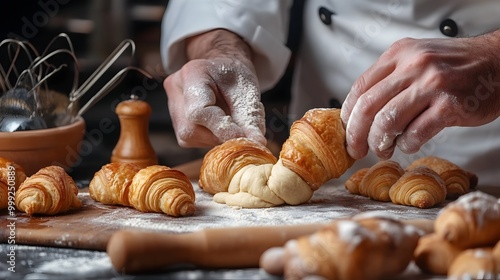 A dynamic scene of a chef s hands gently shaping croissant dough with a rolling pin and ingredients in the background photo