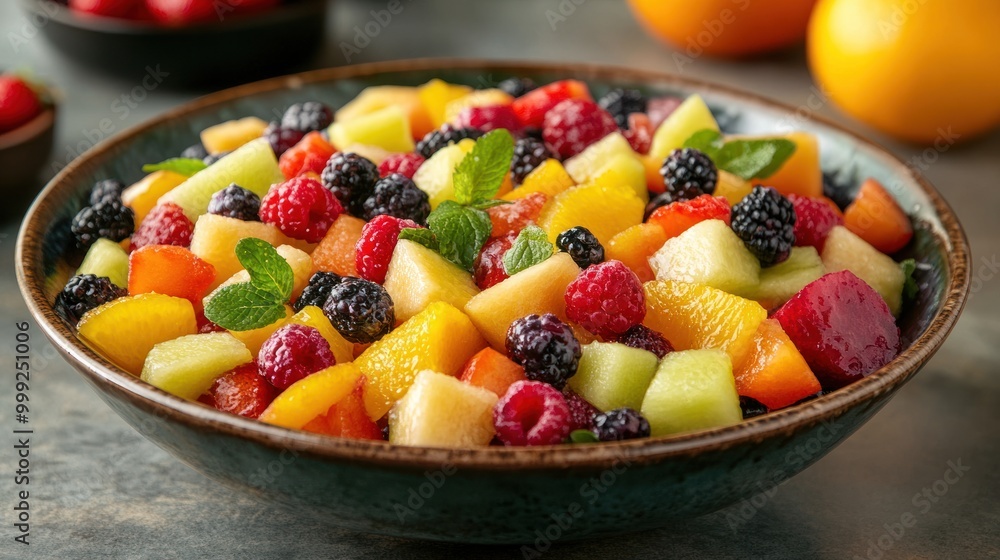 A colorful fruit salad mixed with berries, melons, and citrus fruits, served in a bowl, showcasing a balanced and refreshing assortment. A colorful fruit salad mixed with berries, melons, and citrus fruits, served in a bowl, showcasing a balanced and refreshing assortment.