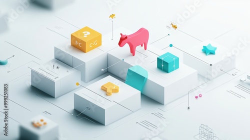 Wallpaper Mural Interactive 3D infographic illustrating data analysis, featuring colorful geometric shapes, a puzzle piece, and a cow model, perfect for educational and business presentations. Torontodigital.ca