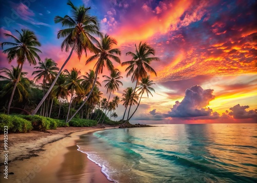 Golden hour warmth illuminates the palm-lined beach, vibrant hues of pink and orange bleeding into the turquoise sea, stretching towards infinite horizon.