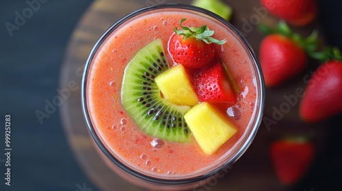 A fruit platter-inspired smoothie, blending a range of fruits like strawberries, melons, and kiwis, offering a balanced, naturally sweet taste. photo