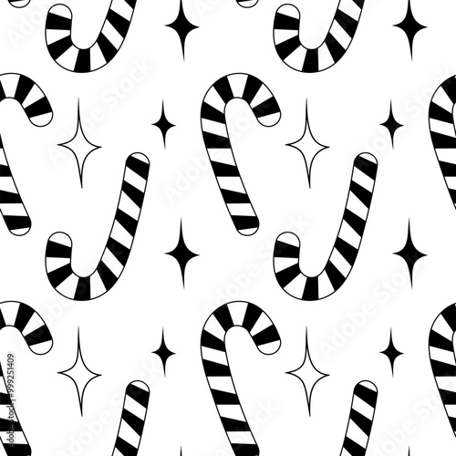 Outline striped candy Cane and decorative stars Seamless pattern. Christmas greeting Background idea