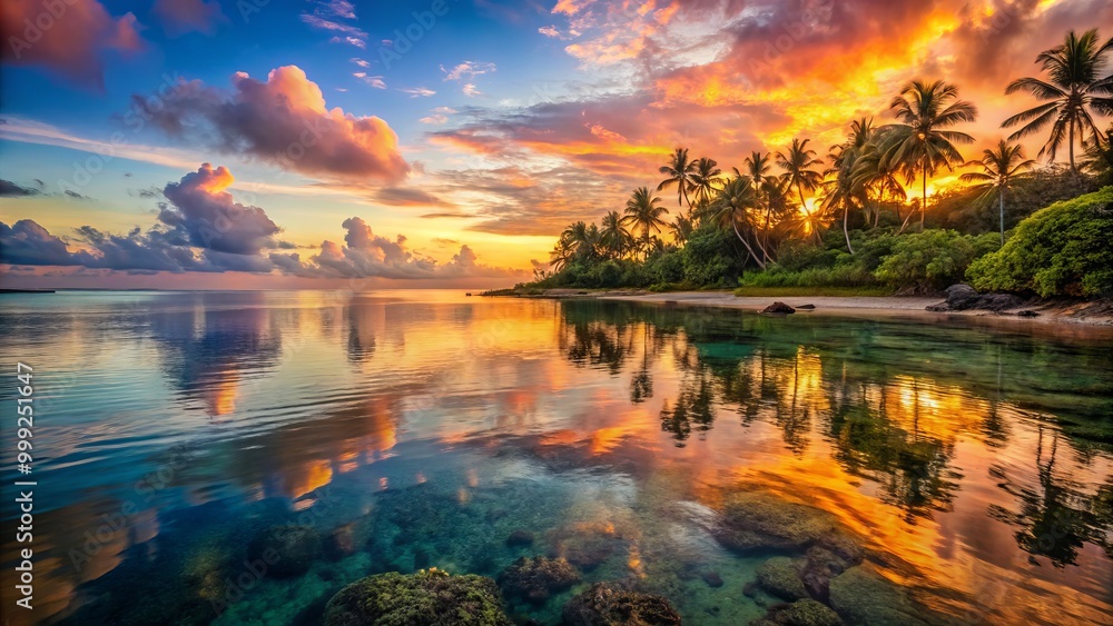 Golden hour transforms a serene tropical coastline, with vivid coral and salmon hues spreading across the sky, reflected in tranquil ocean waters. Golden hour transforms a serene tropical coastline, with vivid coral and salmon hues spreading across the sky, reflected in tranquil ocean waters.
