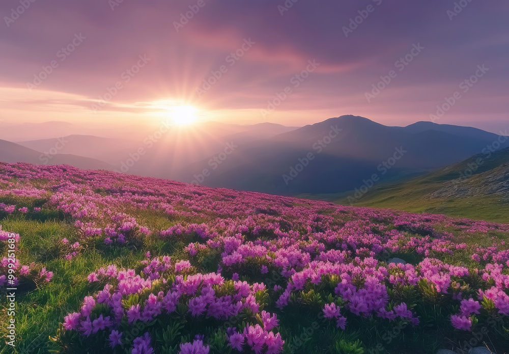 Breathtaking sunrise over a peaceful mountain landscape adorned with blooming meadow flowers. Breathtaking sunrise over a peaceful mountain landscape adorned with blooming meadow flowers.