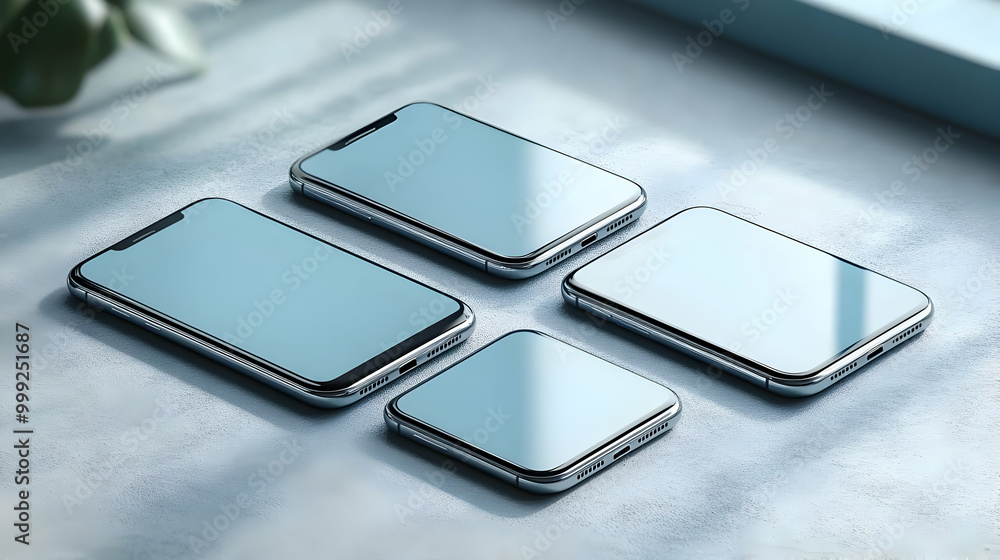 Four Blank Screens, Mobile Phone Layouts on a Table Four Blank Screens, Mobile Phone Layouts on a Table