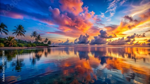 Vibrant colors of the dawn sky reflect onto the serene ocean surface and expansive tropical landscapes