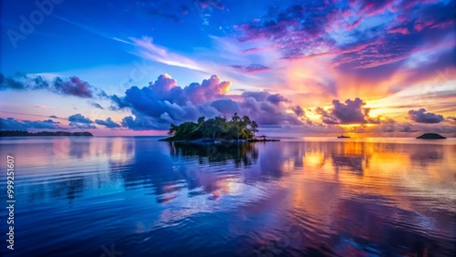 Morning radiance awakens the island's tranquil atmosphere, painting the sky with rich blues and purples, as the calm waters reflect the majestic scenery, disappearing into the far-off horizon.
