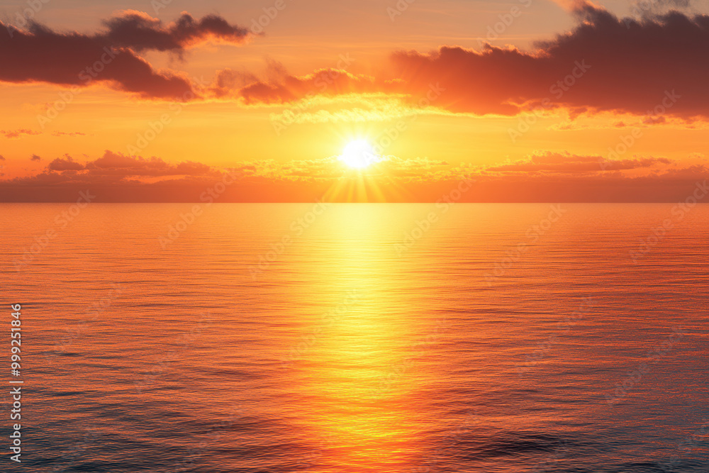 Stunning sunset over calm ocean waters with a vibrant orange and yellow sky. Stunning sunset over calm ocean waters with a vibrant orange and yellow sky.